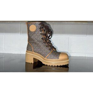 Michael Kors Corey Womens Coated Canvas Heeled Logo Combat Boots Size 7.5 Brown